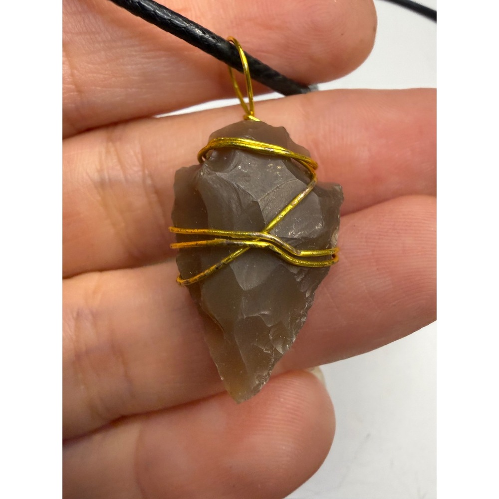 Handmade Wire Wrapped Arrowhead Pendant Necklace Brown Stone Black Cord